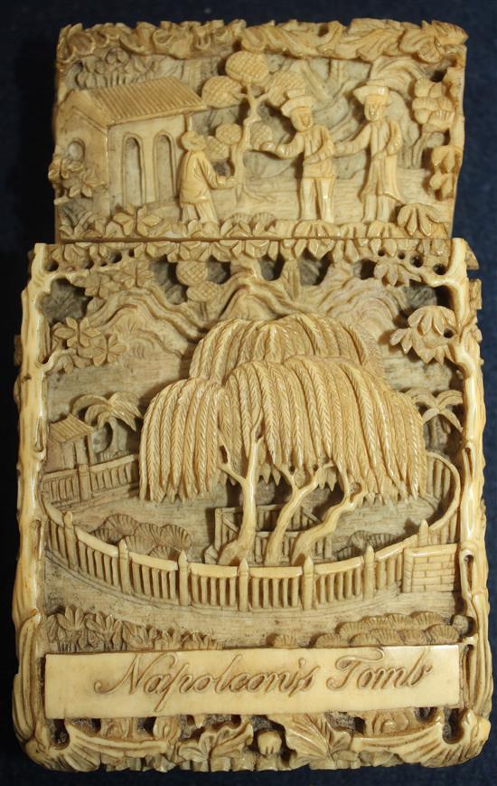 Napoleon Bonaparte Interest: A Chinese export ivory card case, c.1821, 11cm, losses to cover